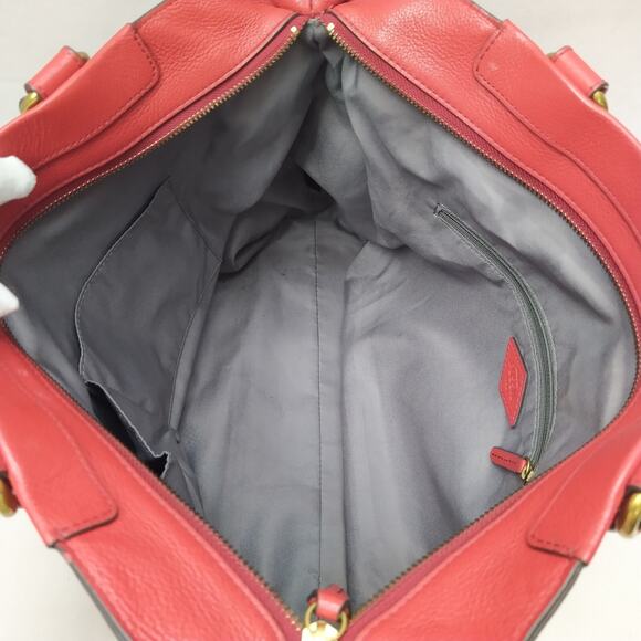 Fossil Red Leather Double Handles Zipper Closure Tote Shoulder Bag - Picture 11 of 16